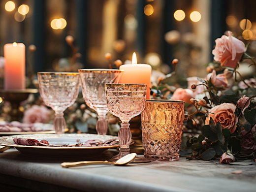 Schlemmen im Restaurant am Spitzingsee Elegantes gedeckter Tisch mit Kerzen, Glaswaren und rosa Rosen