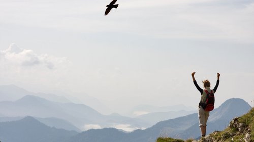 Mit einem Lächeln aufstehen im Hotel am Spitzingsee Wanderer mit Rucksack auf Berg mit Blick auf Nebel über Bergen und fliegendem Vogel